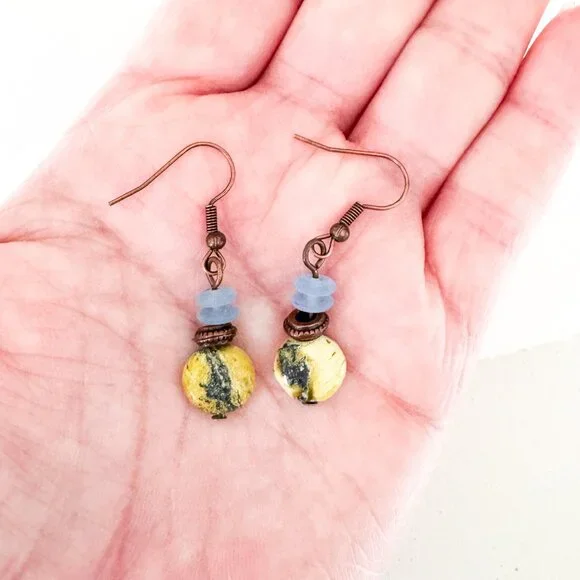 Serpentine Stone & Copper Boho Dangle Earrings - Picture 8 of 10